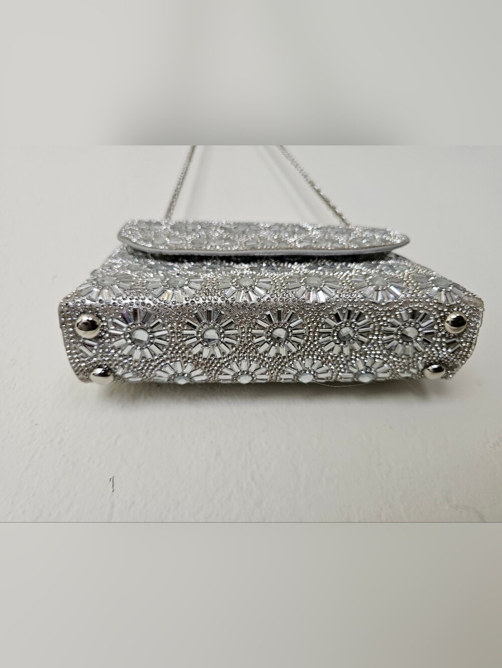 Rhinestone Embellished Silver Evening Clutch with Chain - Picture 6 of 11